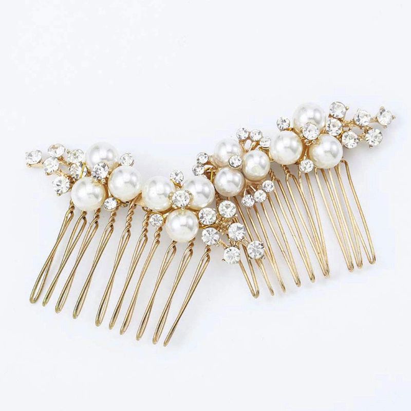 Photo 1 of Gold Wedding Pearl Hair Comb Bride Crystal Hairpiece Bridal Rhinestone Hair Clip Hair Accessories for Women (Set of 2) (A-Gold)