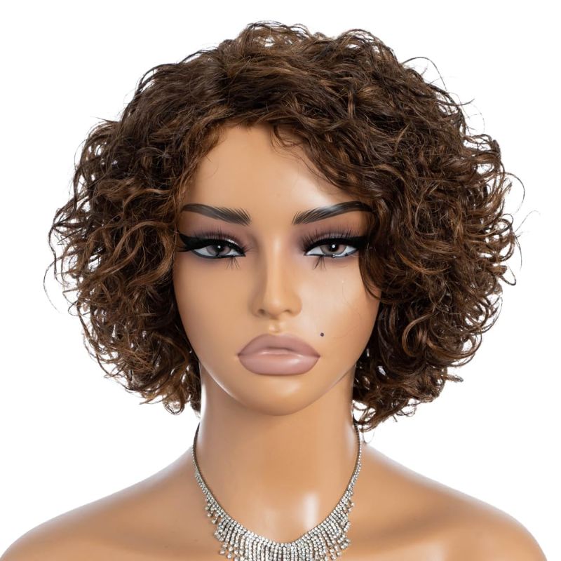 Photo 1 of Rebecca Fashion Short Curly Human Hair Wigs for Black Women Side Part Cute Curly Bob Wig Brazilian Remy Non Lace Glueless Wigs Natural Looking Ombre Brown Color - Comes With Lashes , Cap, & Headband