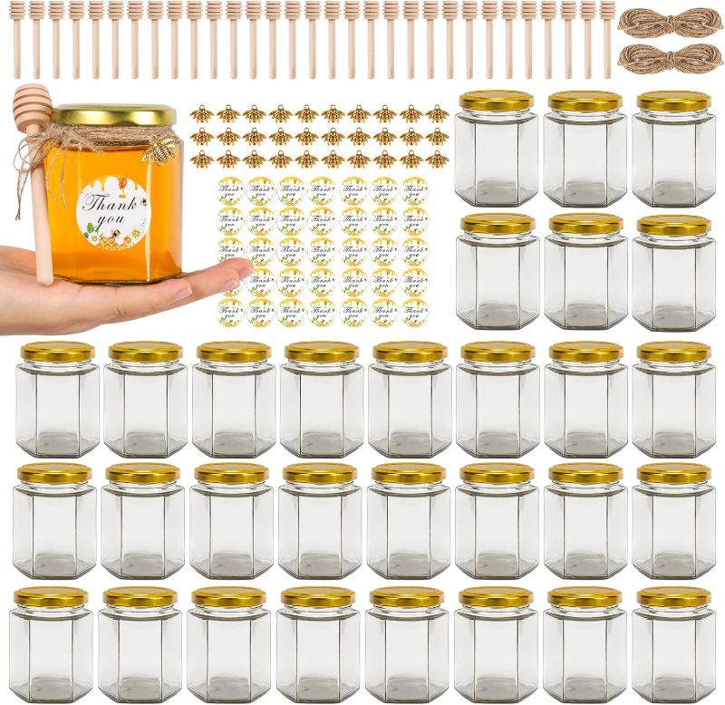 Photo 1 of 6 oz Mini Honey Jars - 30 Pack Hexagon Glass Jars with Wood Dippers, Gold Lids, Bee Pendants, Jutes, Stickers for Wedding Favors, Party Favors, Candle Making