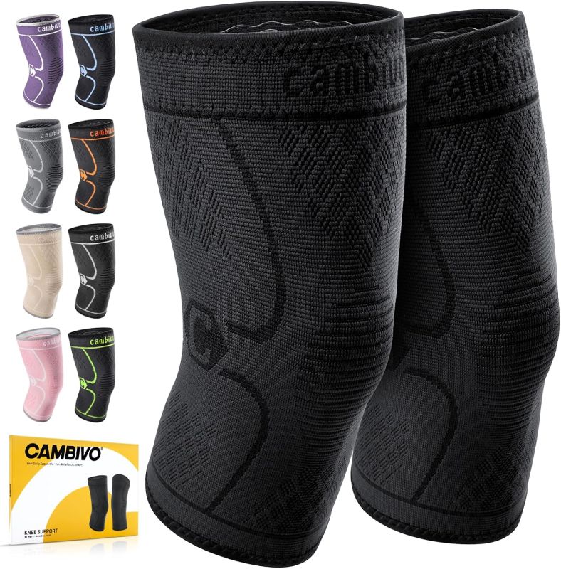 Photo 1 of CAMBIVO 2 Pack Knee Braces for Knee Pain, Knee Compression Sleeve for Men and Women, Knee Support for Meniscus Tear, Running, Weightlifting, Workout, ACL, Arthritis, Joint Pain Relief (Black,Medium)