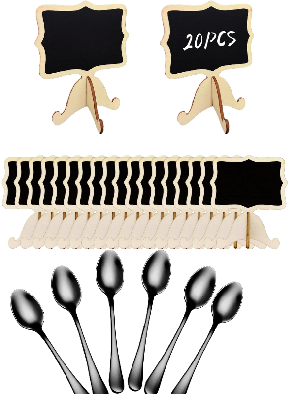 Photo 1 of 2 Item Mixed Item Bundle |  Set of 20 Mini Blackboards with Wooden Brackets + Espresso Spoons, Mini Coffee Spoon, 4 Inches Stainless Steel Small Spoons for Dessert, Set of 6?black)