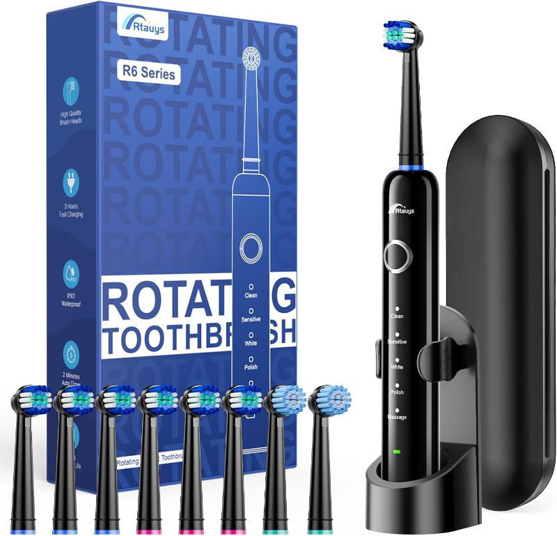 Photo 1 of R6 Rotating Electric Toothbrush for Adults, Fast Charge, Come with 8 Brush Heads (2 Types) and Travel Case, 5 Modes, 50000VPM Powered Toothbrush, 2 Minute Timer