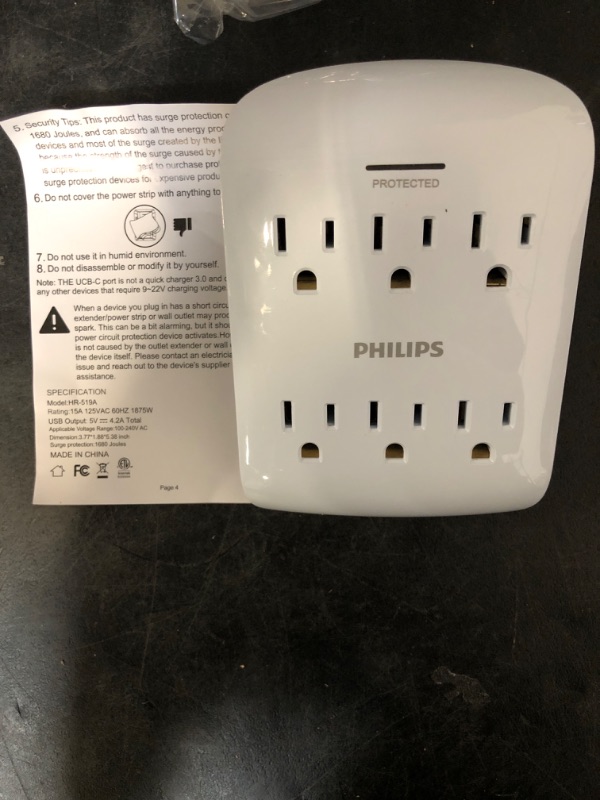 Photo 1 of Philips 6-Outlet Extender Surge Protector, Wall Tap, 900 Joules, 3-Prong, Space Saving Design, Protection Indicator LED Light, ETL Listed, White, SPP3461WA/37