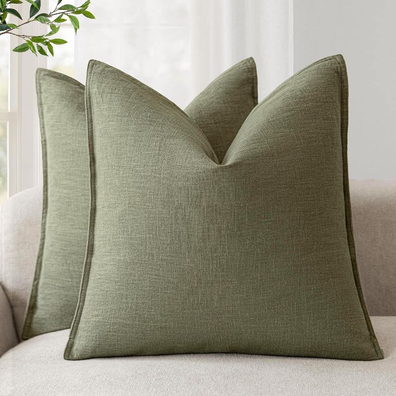 Photo 1 of Foindtower Pack of 2, Decorative Linen Soild Throw Pillow Covers Soft Accent Cushion Case Farmhouse Neutral Pillowcase for Chair Couch Sofa Bedroom Living Room Home Decor 22x22 Inch Olive Branch Green
