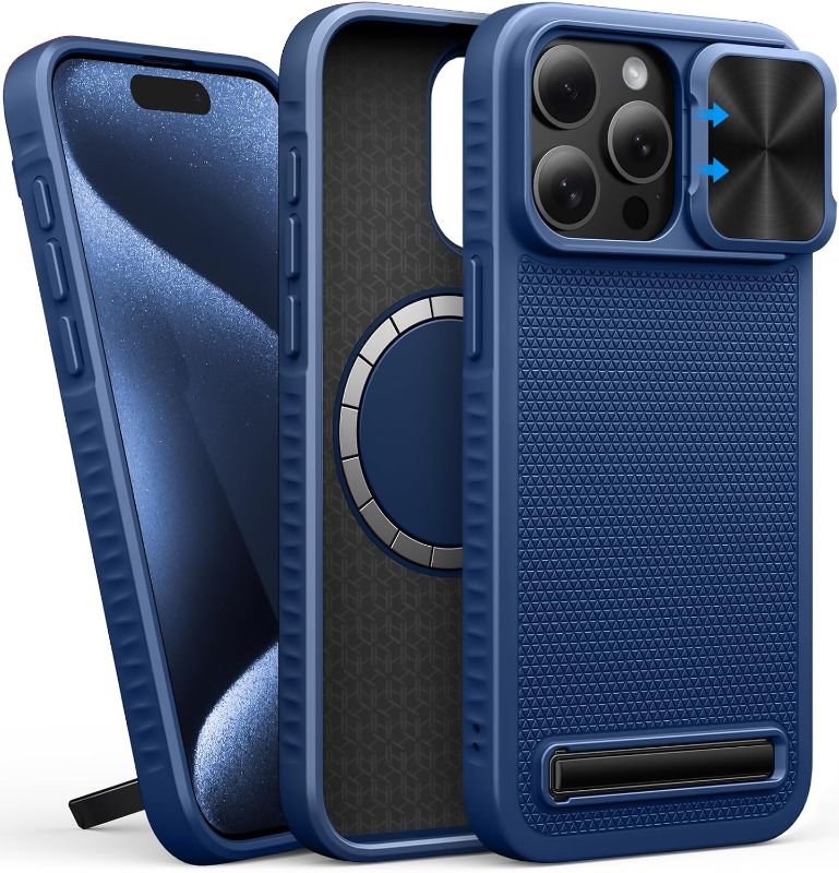 Photo 1 of Magnetic Case for iPhone 15 Pro Max Military-Grade Protection, Compatible with MagSafe, Built-in Kickstand & Slide Camera Cover, Protective Rugged Phone Case for iPhone 15 Pro Max 5g, Blue