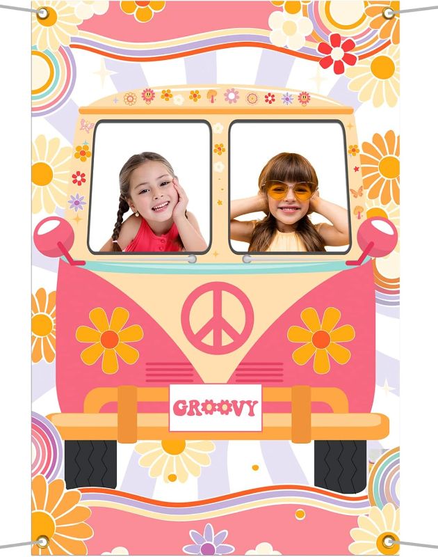 Photo 1 of Hippie Photo Booth Props, Hippie Bus Prop Groovy Bus Photo Booth for 60'S 70'S Party, Hippie Party Decorations, Daisy Bus Photo Prop Two Groovy Birthday Decor, Groovy Photo Booth Frame - 59 × 39.4 in