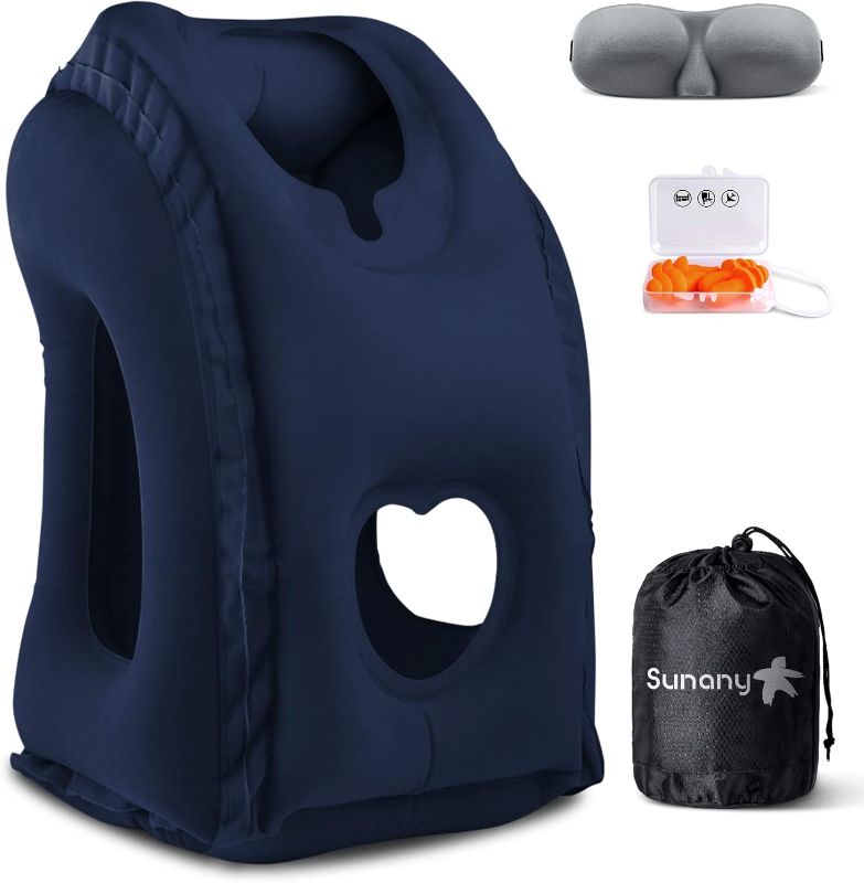 Photo 1 of Sunany Travel Pillow, Inflatable Neck Pillow Used for Airplanes/Cars/Buses/Trains/Office Napping with Eye Mask/Earplugs (Grey)