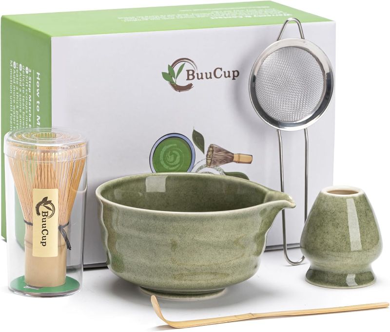 Photo 1 of Matcha Set, Matcha Bowl with Spout, Matcha Whisk and Holder, Bamboo matcha Scoop and Stainless Sifter - 5 Pcs Jade Green Matcha Set Kit for Matcha Lover