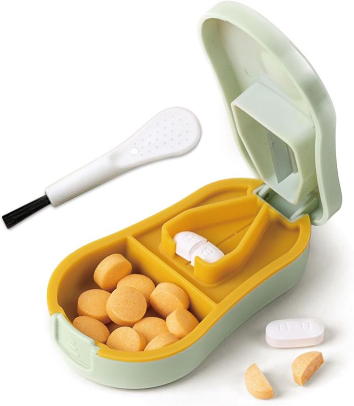 Photo 1 of Pill Cutter Splitter for Small and Tiny Pills - Pill Cutter 1/4 - Accurately Cuts Multiple Pills - Easy Open Snap Button. Detachable Nonslip V-Shaped Pad. Wrap-Around Blade Guard. Back Storage (Cyan)