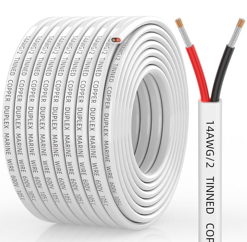 Photo 1 of 14 Gauge Marine Wire, 14/2 Duplex Marine Grade Cable, IP68 Waterproof/Oxygen-Free Tinned Copper Stranded PVC 14 AWG Wire for Boat, Automotive, RV, Solar, LED Strips (50FT)