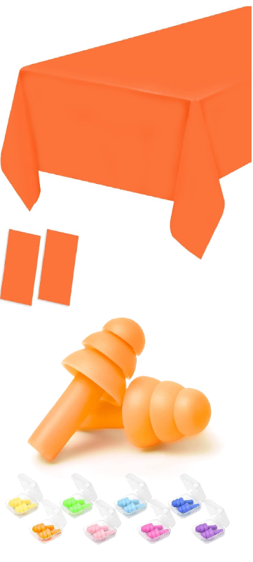 Photo 1 of 2 Item Mixed Lots Bundle Earplugs for Sleeping Noise Cancelling 8 Pairs Orange + 2 Pack Plastic Tablecloths - 54 x 108 In Disposable Table Covers