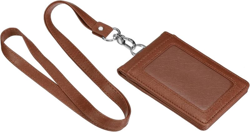 Photo 1 of Leather Badge Holder, Waterproof Magnetic 5 Card Slots ID Holder with Lanyard, Lightweight, Great for Office Teacher (Brown, 4.3 x 3-Inch)