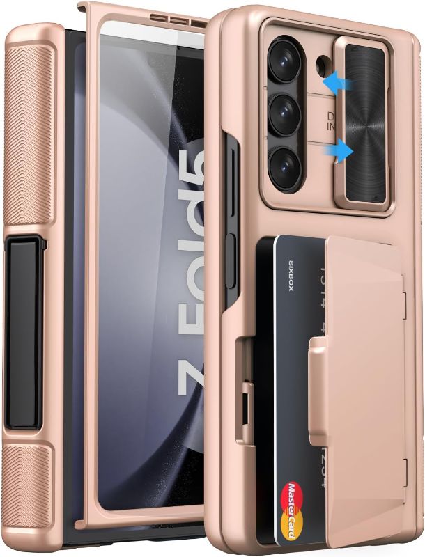 Photo 1 of Galaxy Z Fold 5 Case with Kickstand & Card Holder, Built-in Camera Cover & Screen Protector & Hinge Protection, Rugged Sturdy Shockproof Phone Case for Samsung Z Fold 5 2023, Rose Gold