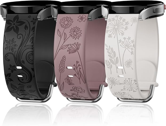 Photo 1 of Flower Engraved Bands Compatible with Samsung Galaxy Watch 7/ FE/ 6/5/ 4/ Active 2 40mm 44mm/ 5 Pro 45mm/ Watch 6/4 Classic 43mm 47mm 42mm 46mm, 3 Pack 20mm Soft Silicone Replacement Watch Band