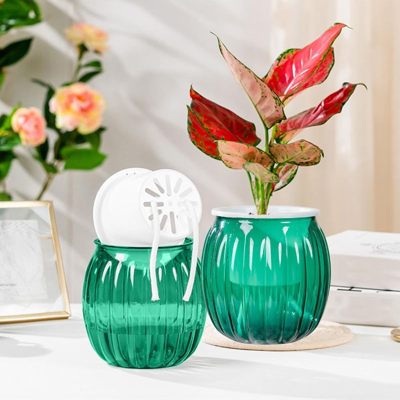 Photo 1 of Self Watering Pots for Indoor Plants, Transparent Pumpkin Shape Self Water-Absorbing Planter, Small Plastic Hydroponic Planters for Easy Plants Live Houseplants,Succulent,African Violets (Green)