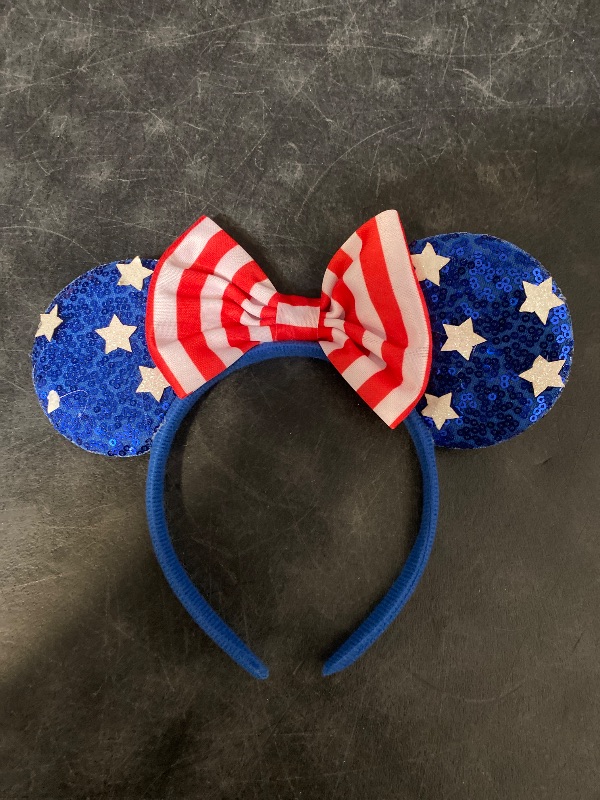 Photo 1 of 4th of July Headband Mouse Ear Bow Hair Bands Independence Day Headwear Star with Blue Sequins Design Hair Hoop Princess Head Boppers Fourth of July Hair Accessories for Parade Party Supplies Decor