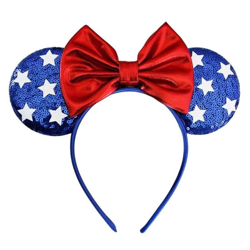 Photo 1 of 4th of July Headband Mouse Ear Bow Hair Bands Independence Day Headwear Star with Blue Sequins Design Hair Hoop Princess Head Boppers Fourth of July Hair Accessories for Parade Party Supplies Decor