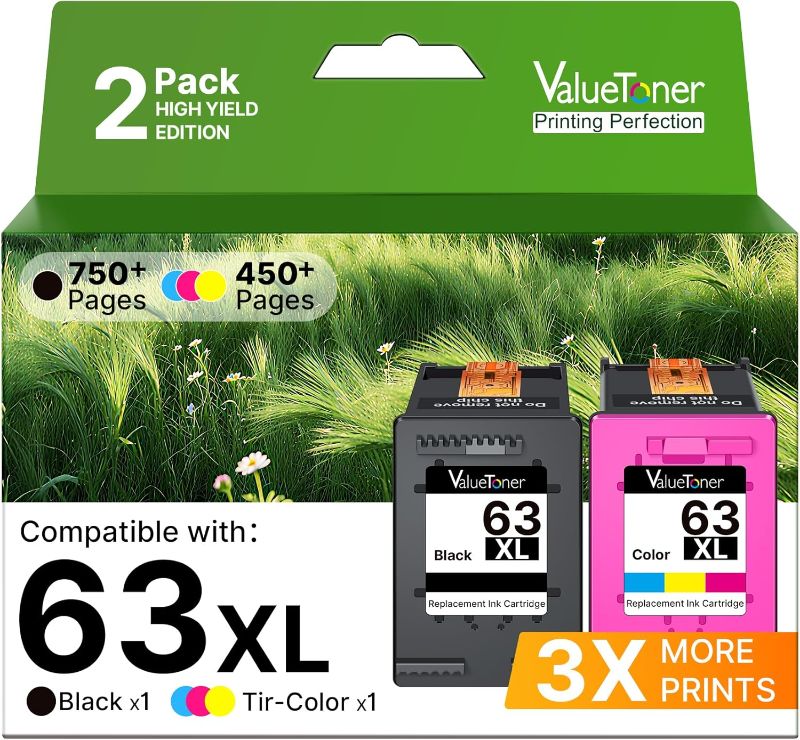 Photo 1 of HP Ink 63 Replacement for 63XL Ink Cartridges Black and Color 63 Ink to use for HP Officejet 3830 4520 4650 4655 5252 5255 5222 5255 5258 Deskjet 2130 2132 3630 3632 (1 Black, 1 Color)