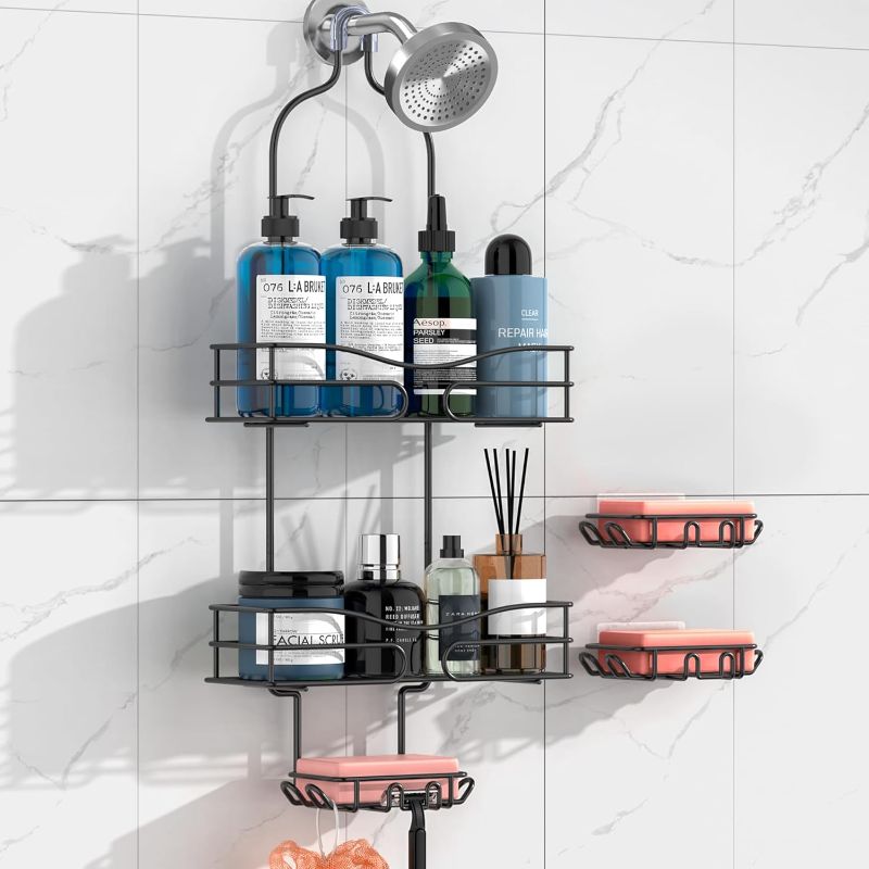 Photo 1 of Anti-Swing Shower Caddy Hanging - 3 Soap Holders, Rustproof Shower Head Organizer Stainless Steel, Bathroom Organizers and Storage With Hooks & Razor Holder, Black
