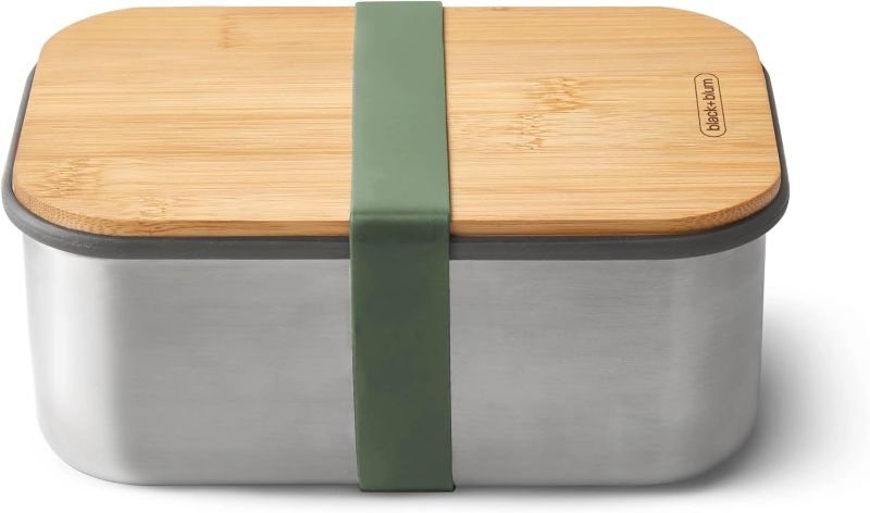 Photo 1 of Black+Blum Stainless-Steel Sandwich Box Large | Plastic Free Meal Prep Lunch Box Food Container with Bamboo Lid, Olive, Large, 1.25L/ 42 fl oz