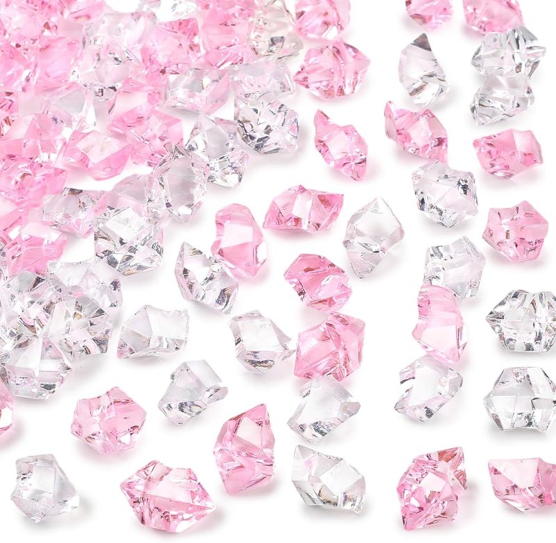 Photo 1 of DomeStar Fake Ice, 150PCS Acrylic Fake Diamonds Vase Fillers Pink and Transparent Rocks Plastic Gems for Party Table Scatter Decor