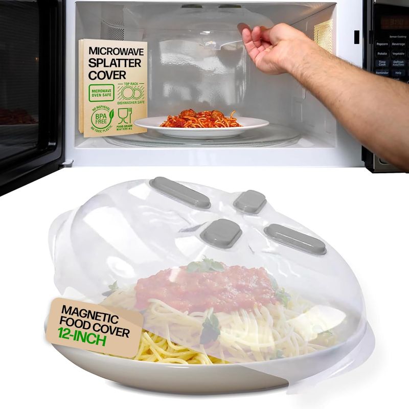 Photo 1 of HOVER COVER Magnetic Splatter Cover, 12-Inch Clear BPA-Free Food Lid, Vented Plate Guard with Steam Vents, Anti-Splash Microwave Lid, Dishwasher Safe, Space-Saving Magnetic Storage - Heather Gray