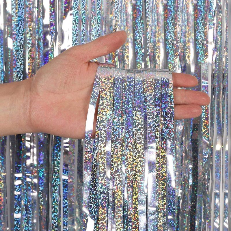 Photo 1 of Foil Fringe Curtains - 2 Packs 3ftx8ft Sparkle Metallic Curtains Party Decorations Photo Booth Decorations Party Supplier - Sliver
