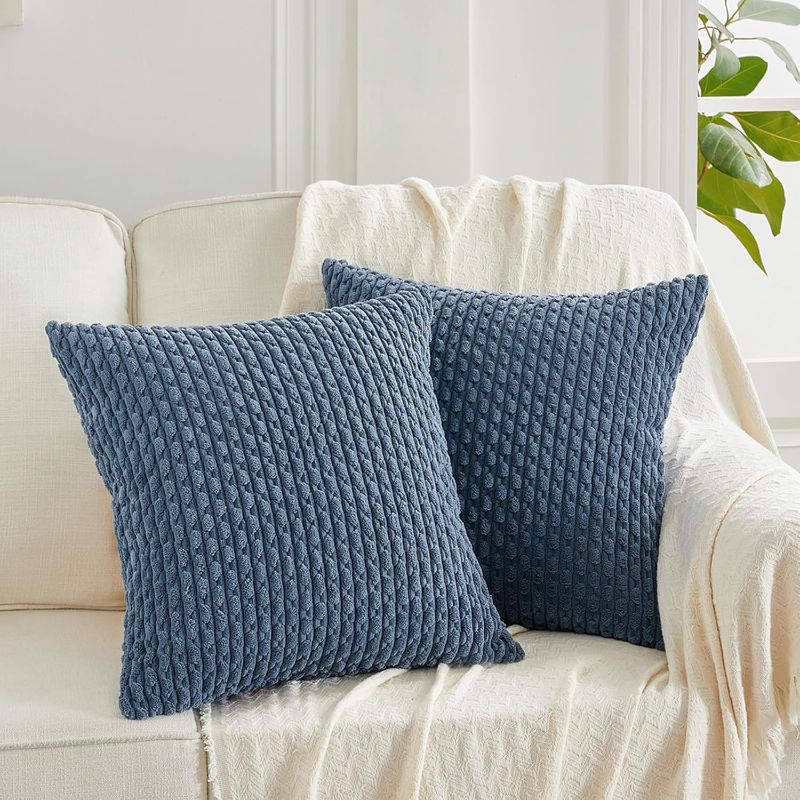 Photo 1 of 2 Packs Dusty Blue Decorative Throw Pillow Covers 18x18 Inch for Couch Bed Sofa, Modern Farmhouse Boho Home Decor, Soft Cute Plush Corduroy Cushion Case 45x45 CM