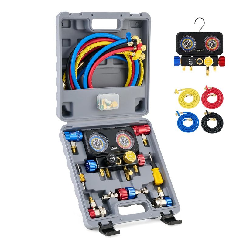 Photo 1 of Orion Motor Tech R1234yf AC Gauge Set, 4 Way AC Gauges W Hoses R1234yf R134a Quick Couplers Self Sealing Can Tap for Freon Charging, AC Gauge Kit for R1234yf R134a R404a, 4 Valve Manifold Gauge Set