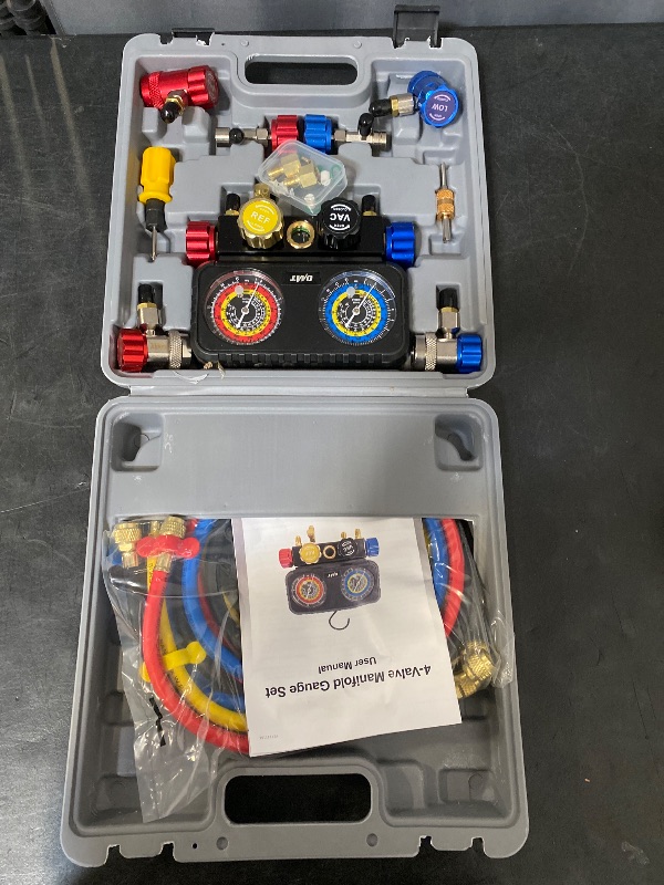Photo 1 of Orion Motor Tech R1234yf AC Gauge Set, 4 Way AC Gauges W Hoses R1234yf R134a Quick Couplers Self Sealing Can Tap for Freon Charging, AC Gauge Kit for R1234yf R134a R404a, 4 Valve Manifold Gauge Set