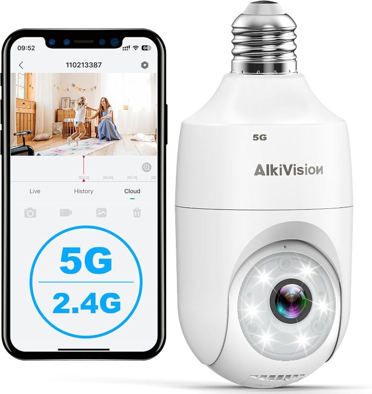 Photo 1 of 2K Light Bulb Security Camera - 5G&2.4GHz Dual Bands 360° Motion Detection Cameras for Home Security, Full-Color Night Vision, Auto Tracking, Siren Alarm, 24/7 Recording