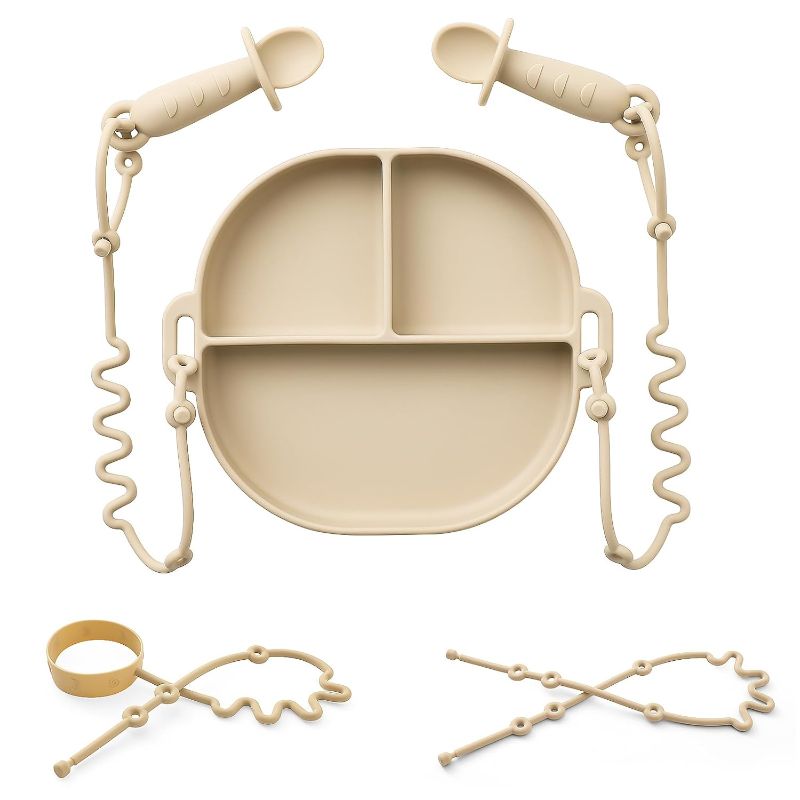 Photo 1 of Andy Bear Silicone Plates for Babies with Suction Divided Baby Spoons Silicone Baby Toy Straps All-in-one Plates Silicone Placemat for Babies Toddlers Attachable Tethers & Built-in Suction Cups-Ivory