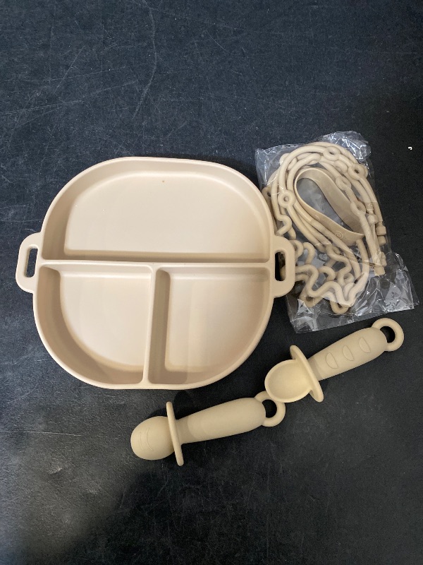 Photo 1 of Andy Bear Silicone Plates for Babies with Suction Divided Baby Spoons Silicone Baby Toy Straps All-in-one Plates Silicone Placemat for Babies Toddlers Attachable Tethers & Built-in Suction Cups-Ivory
