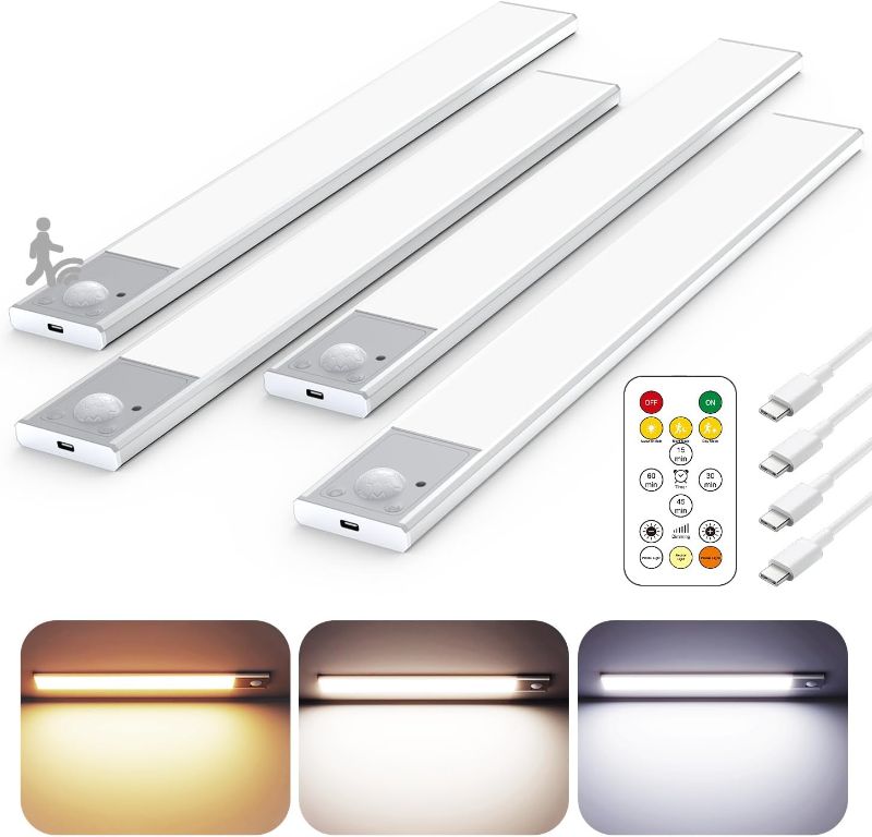 Photo 1 of 12" Ultra-Thin Under Cabinet Lighting Wireless, Aluminum Alloy Under Counter Lights for Kitchen, 3-Color-Temps Magnetic Closet Lights, Rechargeable Motion Sensor Light Indoor (4 Pack, Silver)