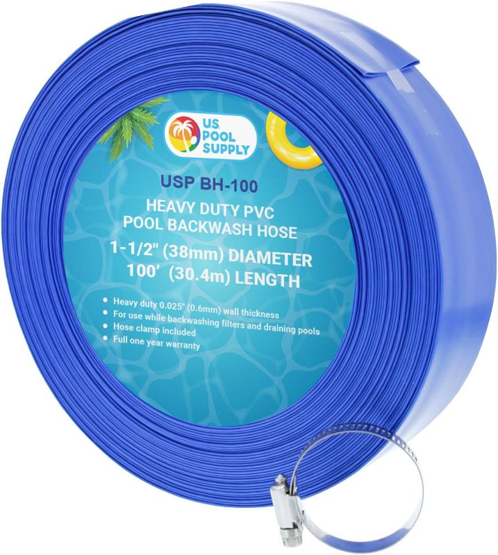 Photo 1 of U.S. Pool Supply Pool Backwash Hose 1.5" x 100' - Heavy-Duty Pool Drain Hose, Filter Pump Water Drainage, Sump Pump Discharge, Inground Draining - Flexible Lay Flat, Clamp