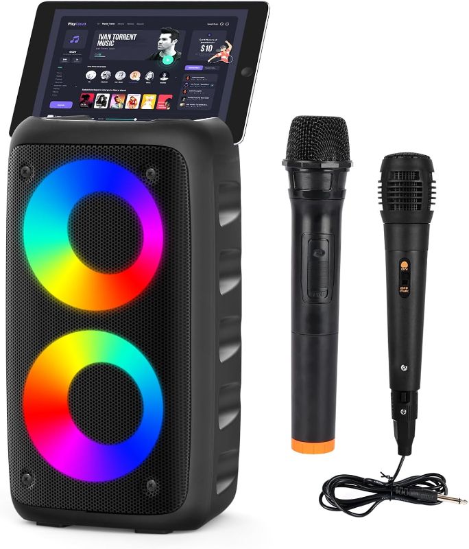 Photo 1 of Cinolink Bluetooth Speaker,Karaoke Speaker with 1 Wireless Microphone and 1 Wired Mic,Colorful LED Lights,TWS Pairing, Portable Karaoke for Adults with Rechargeable, AUX/USB Support for Home Outdoor