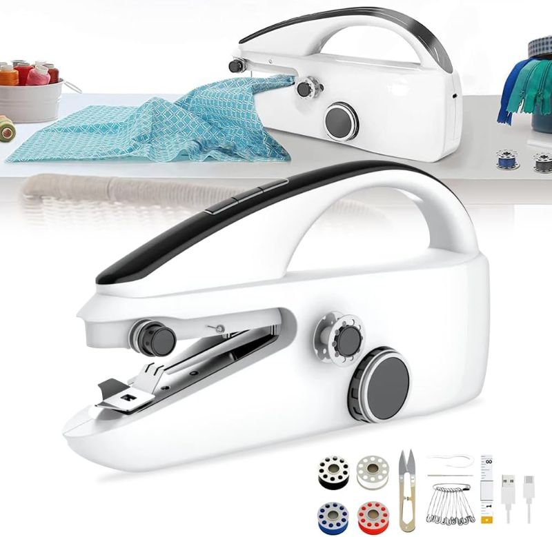 Photo 1 of Handheld Sewing Machine, Portable Electric Mini Sewing Machine Two Speeds Manual Small Hand Held Sewing Device, Quick Repairs Stitching Kit for Beginners Adults DIY Home Travel