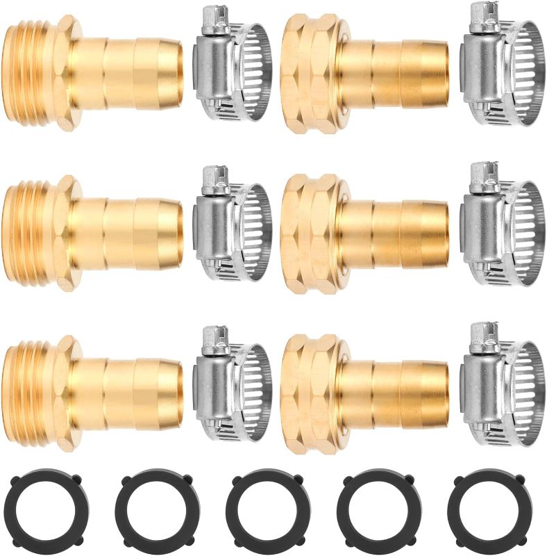 Photo 1 of 3 Set Brass Garden Hose Repair Connector Kit with Clamps, Fit for 3/4" or 5/8" Garden Hose Fittings, Male and Female Garden Water Hose Repair Kit (3/4" GHT Garden Hose Adapter)