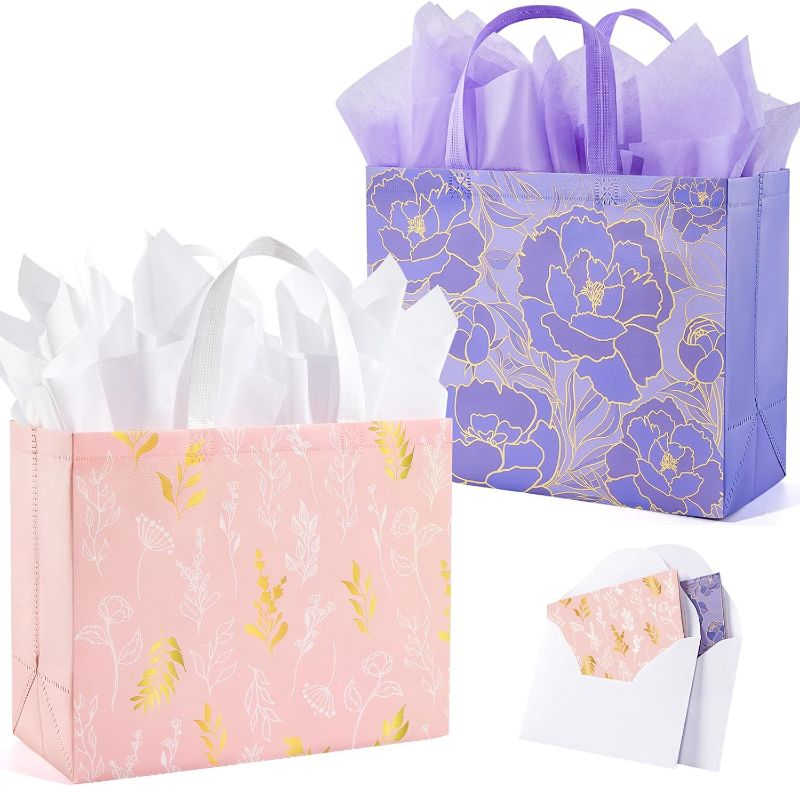 Photo 1 of 2 Pack 13" Large Beautiful Gift Bags Set with Greeting Card and Tissue Paper, Reusable Non-Woven Gift Wrap Bags with Handle for Presents of Any Birthday, Weddings, Mothers Day & Special Moments