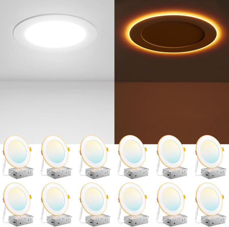 Photo 1 of Amico 12 Pack 6 Inch 5CCT LED Recessed Ceiling Light with Night Light, 2700K/3000K/3500K/4000K/5000K Selectable Ultra-Thin Lighting, 12W=110W, 1100LM, Dimmable Canless Wafer Downlight ETL&FCC