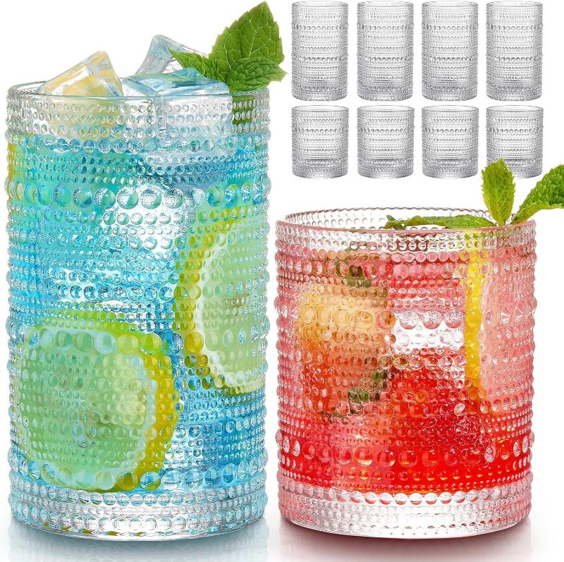 Photo 1 of Vintage Hobnail Drinking Glasses Set of 8, 12 oz Highball Glasses & 10 oz Cocktail Glasses Set, Kitchen Water Glasses Cup, Bar Tumbler Glassware Set for Beer, Juice, Cocktail, Whiskey, Milk