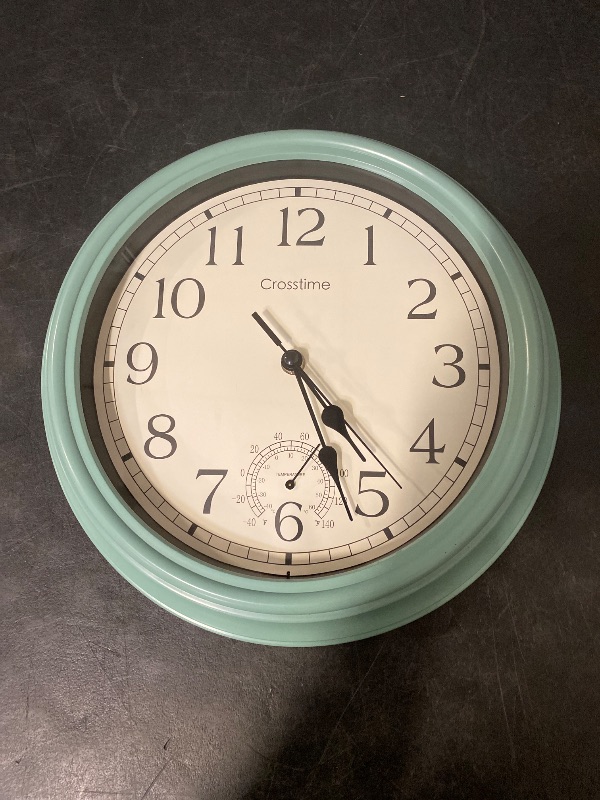 Photo 1 of 12 Inch Outdoor Clock Waterproof with Thermometer,Vintage Indoor Outdoor Wall Clocks for Patio,Pool,Garden,Home Decor-Teal