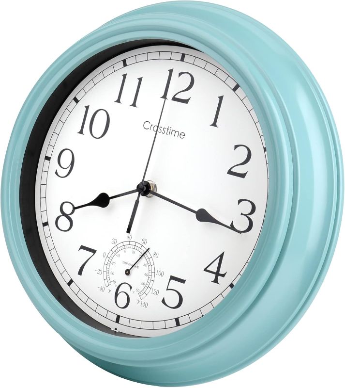 Photo 1 of 12 Inch Outdoor Clock Waterproof with Thermometer,Vintage Indoor Outdoor Wall Clocks for Patio,Pool,Garden,Home Decor-Teal