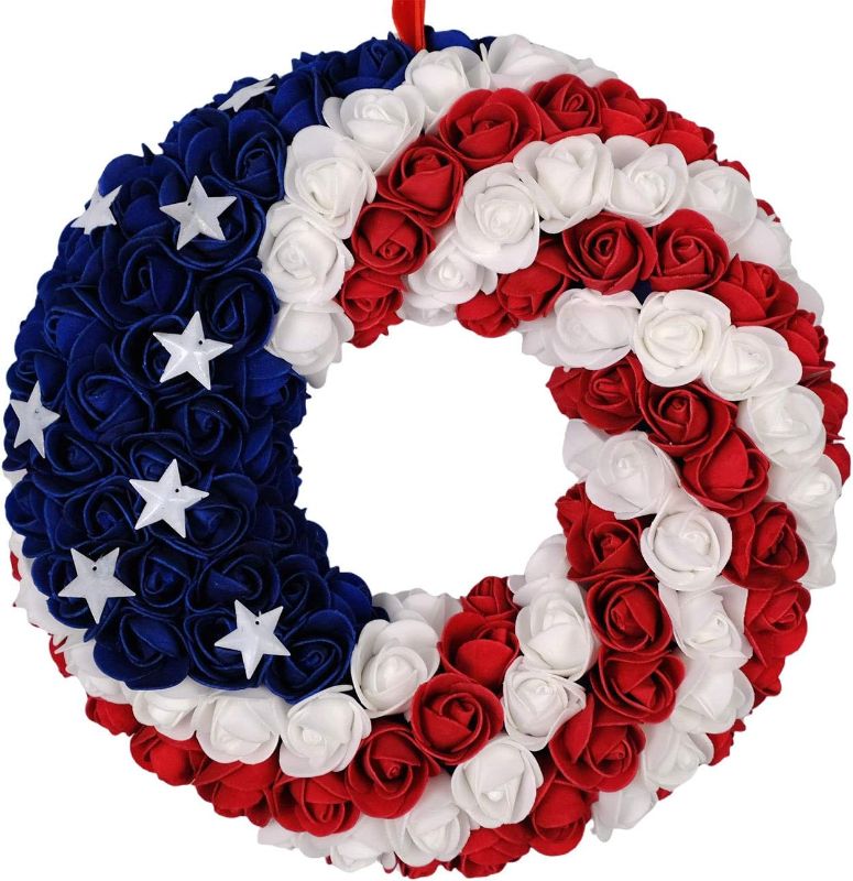 Photo 1 of July 4th Wreath Patriotic Americana Wreath Boxwood Handcrafted Memorial Day Wreath Festival Garland Decoration Front Door Wall Home Decor (Blue)