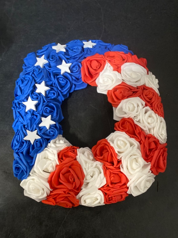 Photo 1 of July 4th Wreath Patriotic Americana Wreath Boxwood Handcrafted Memorial Day Wreath Festival Garland Decoration Front Door Wall Home Decor (Blue)