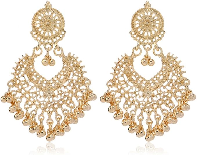 Photo 1 of Boho Ball Tassel Statement Dangle Earrings for Women Girls Vintage Flower Heart Shaped Beaded Chandelier Drop Dangling Earring Indian Bollywood Jewelry Gifts for Jhumka Festival Holiday Christmas