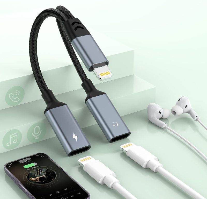 Photo 1 of 2-in-1 iPhone to Dual Lightning Audio Jack Headphone and Charger Cable Power Splitter,Earphone Converter Adapter Support Music+Charge+HiFi+Mic for iPhone 14 Pro/14 13 12,iPad Apple MFi Certified
