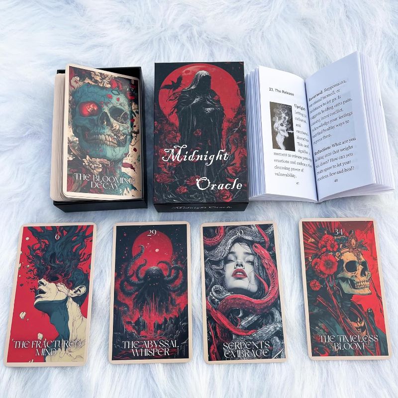 Photo 1 of Midnight Oracle Cards, 50 Gothic Dark Fantasy Cards with Comprehensive Guide Book, Front and Back Meanings, Reflection Tips, Self Discovery Oracle , Light and Dark, Inspire Growth and Creativity