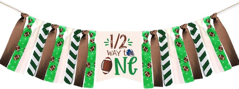 Photo 1 of Football Half Birthday Highchair Banner Decorations, Football Birthday Banner. 1/2 Birthday Football I'm Half Way to One Highchair Banner for Boy 1/2 Half Year Baby Shower Party Supplies