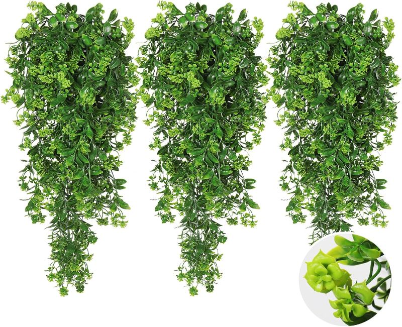 Photo 1 of Fake Hanging Plants 3pcs Hanging Plants with Flowers Artificial Greenery Faux Ivy Vine Leaves UV Resistant Plastic Plant Faux Greenery Vine Plant for Wall Home Indoor Outdoor Decor (Green)